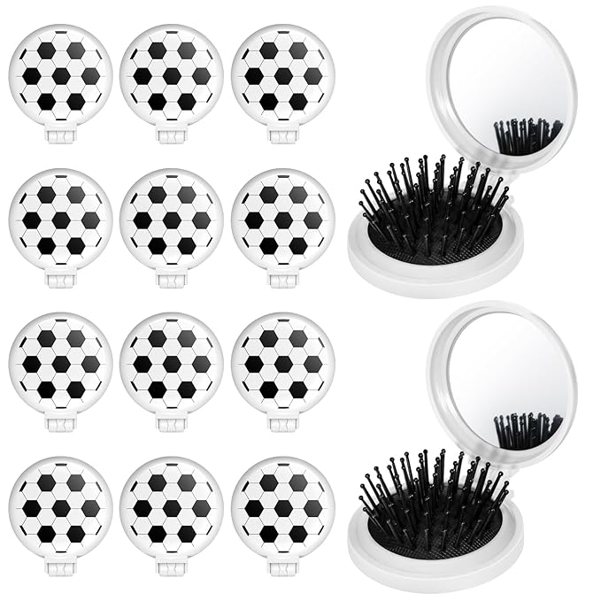 12 Pcs Soccer Mini Detangler Brush, Folding Mirror Hair Brushes, Mini Travel Hair Brush, No Tangle Soft Flexible Bristles for Straight, Curly, Thick Hair for Soccer Team Gift Sport Party