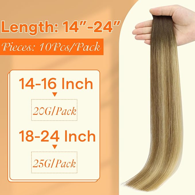 Full Shine Machine Remy Virgin Extensions 22 Inch Intact Tape in Hair Extensions Human Hair Color 3 Brown Fading to 8 And 22 Blonde Soft Real Hair Extensions Tape in 25G 10Pcs for Women