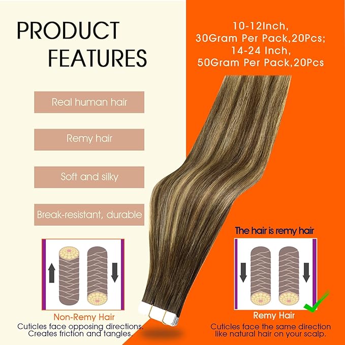Full Shine 20Inch Tape in Hair Extensions Real Human Hair Brown to Blonde Color 4/24/4 Balayage Seamless Hair Extensions 20Pcs 50G Invisible Tape ins Human Hair Extension Remy Hair for Wedding