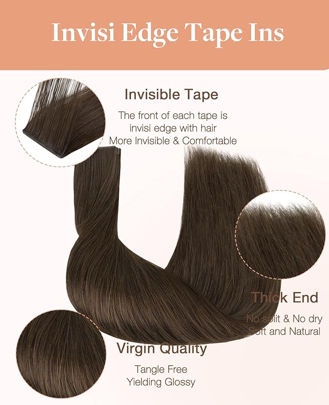 GOO GOO Invisi Edge Tape in Hair Extensions Human Hair, 2A Light Brown, 20pcs 24inch 50g, Virgin Remy Hair, Seamless Injected Tape, Natural Look
