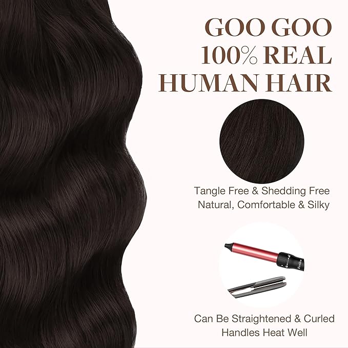 GOO GOO Tape in Hair Extensions Human Hair, 2 Dark Brown, 18inch 25g 10pcs, Skin Weft Seamless Invisible, Silky Straight with Thick Ends, Remy Human Hair