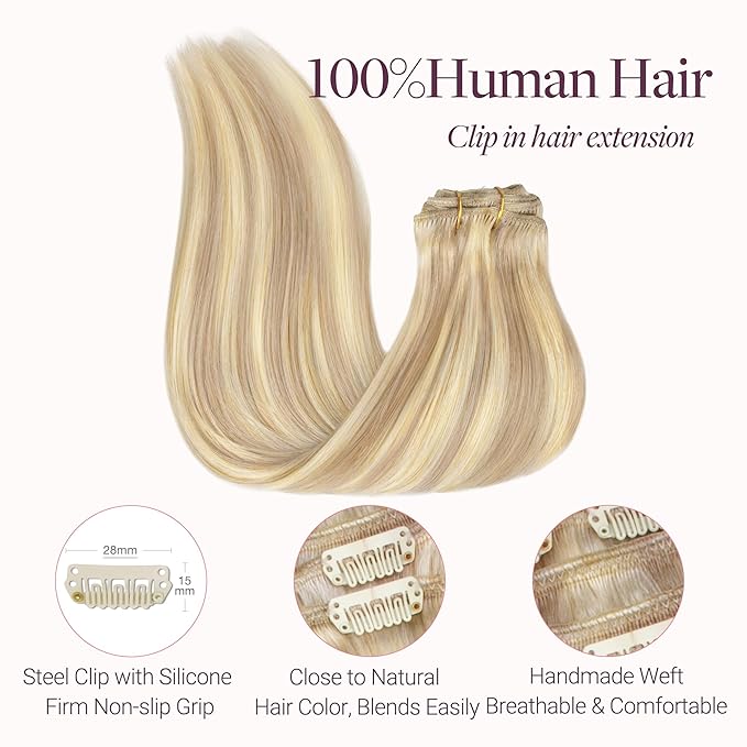 GOO GOO Clip in Hair Extensions Real Human Hair, Remy Human Hair Extensions Clip ins for Women, Natural Human Hair, 16inch 120g 7 Pcs, #18F/60A Balayage Light Wheat Platinum Blonde