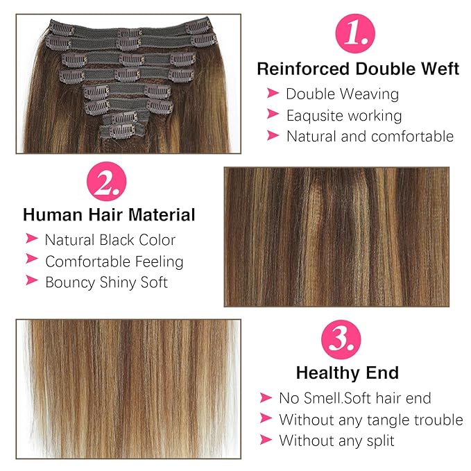 #4/27/4 Highlight Yaki Straight Clip in Hair Extensions Real Human Hair Omber Clip ins For Women Yaki Straight Clip on Hair(18inch,#4/27/4)