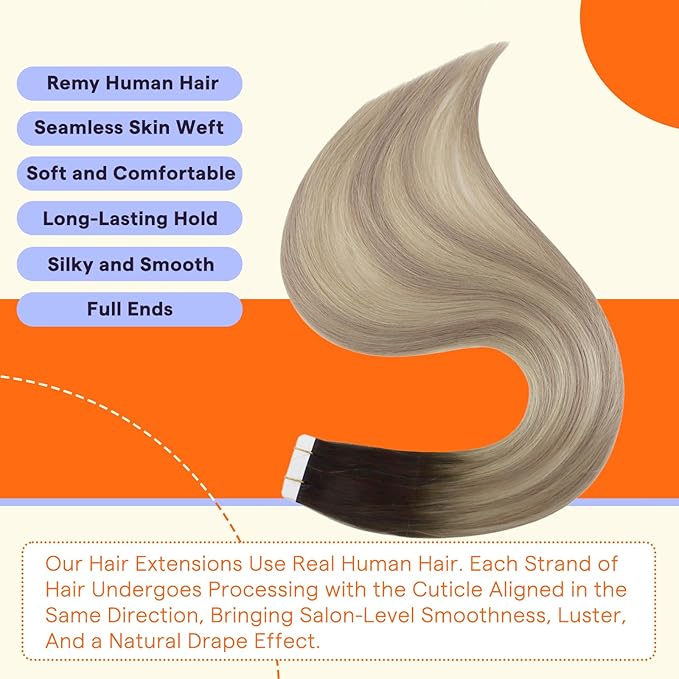 Full Shine Tape in Extensions 16 Inch Color 2 Fading to 18 Ash Blonde Highlight 60 Blonde Seamless Straight Hair Extensions Real Human Hair Tape in 20PCS Natural Invisible Remy Hair 50g for Party