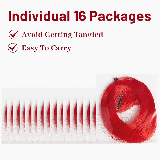 16 Pcs Colored Hair Extensions Curly Wavy Clip in Synthetic Hairpiece Streak for Girls Women Kids,Colorful Party Highlights Christmas New Year Cosplay Festival Gift(Red)