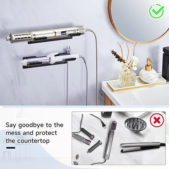 2 PCS Wall Mount Curling Iron Holder and Hair Tool Organizer with Adhesive, Multifunctional Hot Flat Iron and Hair Straightener Holder Storage Stand for Vanity, Cabinet and Wall, Black