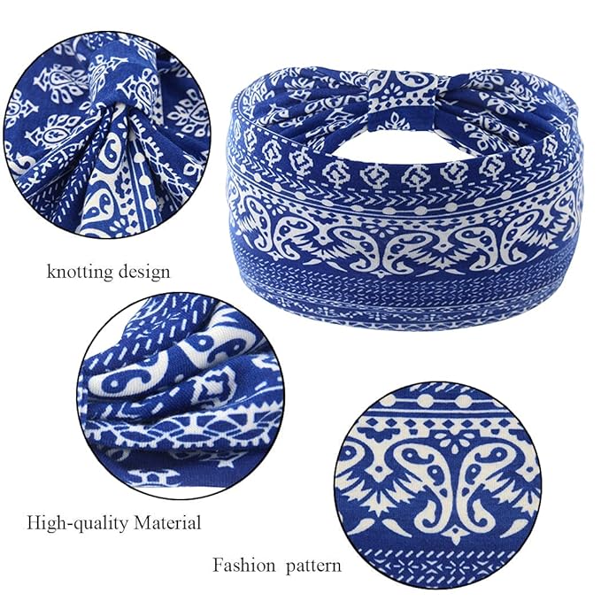 Yeshan Wide Bandana headbands for Women Boho Bandeau Headband Knot Hair Scarf Bands Stretch Floral Printed Non Slip Head bands Elastic Turban Head Wraps Thick African Headband,Pack of 6