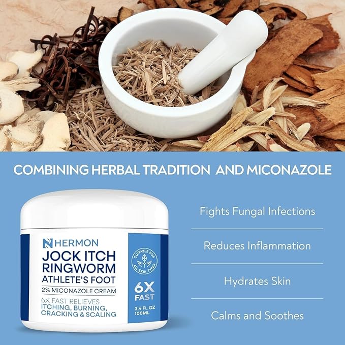Hermon Jock Itch Antifungal Cream, Ringworm Treatment for Humans, Psoriasis Scalp Treatment, Ringworm Cream for Humans, Foot & Body Balm, Provides Soothing Relief-2 Pack