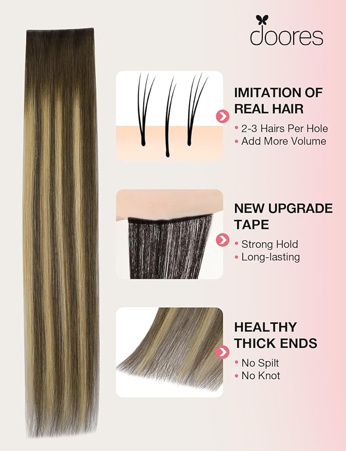 DOORES Invisi Edge Tape in Wide Hair Extensions Human Hair, Chocolate Brown to Caramel Blonde 4PCS Injection Tape ins 20g 16 Inch, Virgin Human 3 Inch Wide Injected Extensions Invisible
