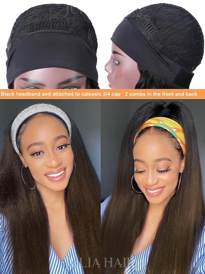 Julia Hair 12A Headband Wig Human Hair Yaki Straight Glueless None Lace Half Wig With Pre-attached Scarf Ombre Chestnut Brown Highlight With Dark Roots for Black Women Put on and Go 26 Inch