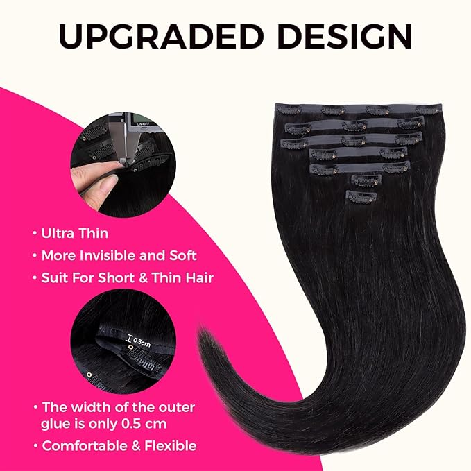 Lashey Yaki Straight Clip in Hair Extensions Real Human Hair #1 Jet Black Seamless Clip in Hair Extension Human Hair 7Pcs 110g 20 Inch PU Weft Natural Hair for Women
