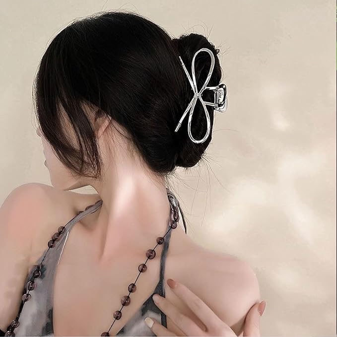 Metal Hair Claw Clips, Silvery Bowknot Alloy Non-Slip Strong Grip Hair Jaw Clips for Thick or Thin Hair (Silver Bow)