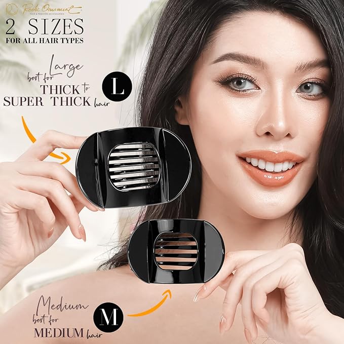RC ROCHE 6 Pcs Flat Claw Hair Clips for Women Thick Hair French Round Duckbill Square Secure Strong Hold Grip Clamps Barrettes Curved No Slip No Crease Styling Cute Extra Jumbo XL, Large Black
