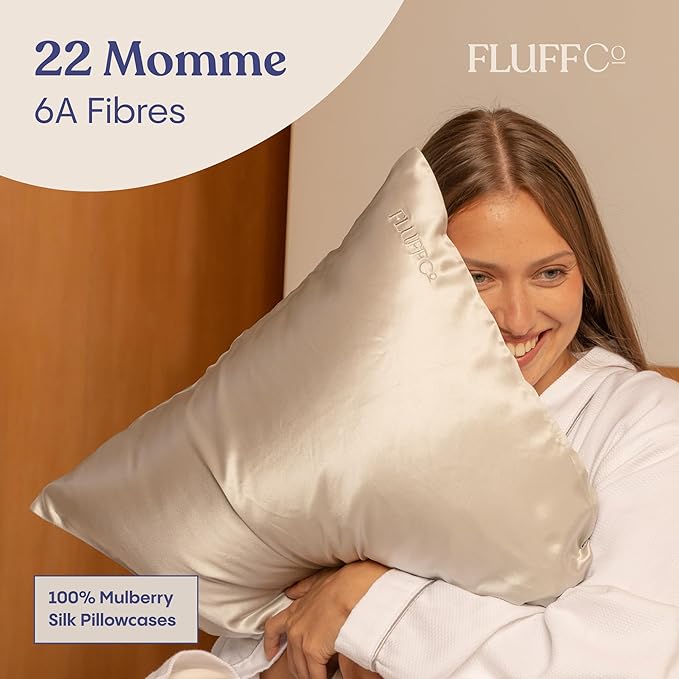 FluffCo 100% Pure Mulberry Silk Pillowcase - King Size | Luxurious Cooling Pillowcase for Hair & Skin Care | 22 Momme Natural Silk Body Pillowcase for Standard US Bedding (Silver)