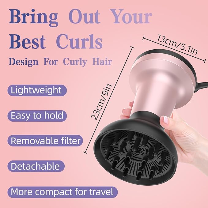 Professional Diffuser Hair Dryer, Ionic 2 in 1 Designed Specifically for Curly Hair Diffuser with Comb Attachment, Enhanced Wind Power, Faster Styling for Women, Ideal Gifts for Women