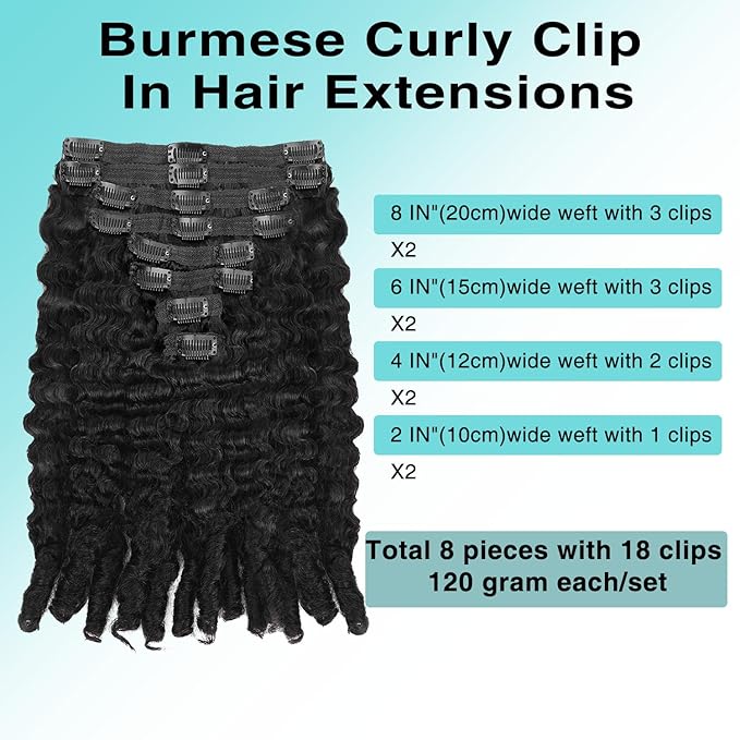 Burmese Curly Clip In Hair Extensions Real Human Hair 8pcs 120g/Set Spirally Curly Classic Clips Ins Full Head For Black Women 18 Inch Natural Black