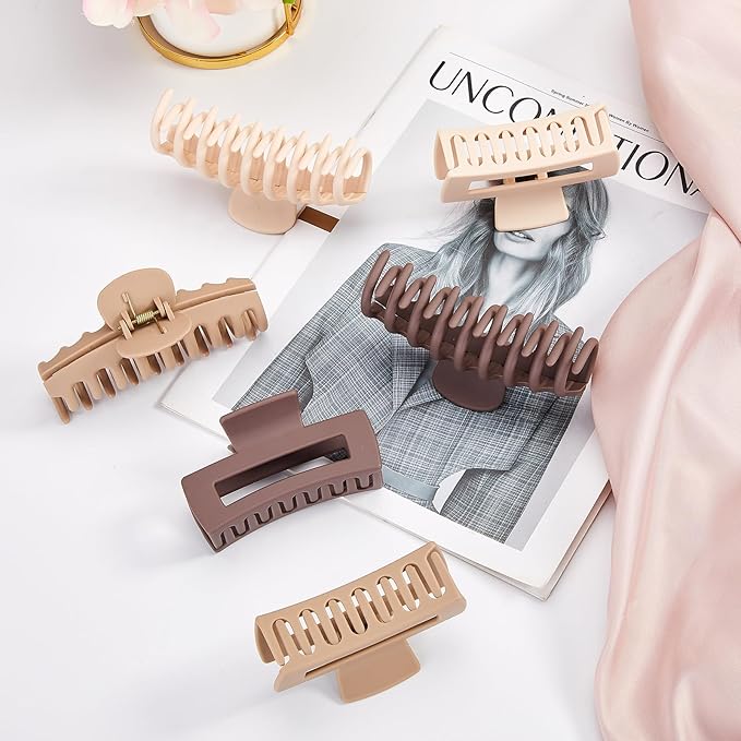 Hair Clips Set | 8 Matte Non-Slip Claw Clips (4.3"/3.5") + 60Pcs 2" Black Bobby Pins | All-in-One Set for Thick/Thin Hair | Secure Hold for All Hair Types, Neutral Colors
