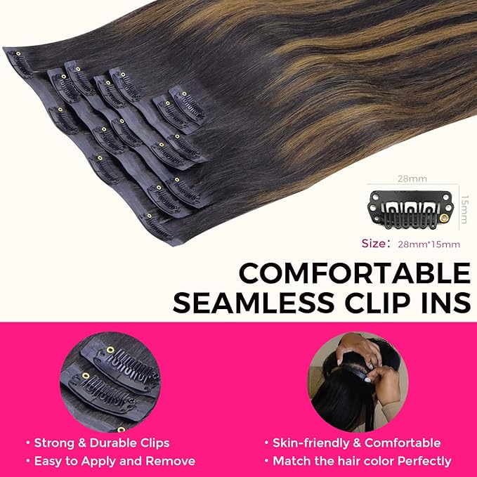 Lashey Seamless Hair Extensions Clip ins Staright 110g Natural Black Mixed Chestnut Brown 18 Inch 7pcs PU Weft Clip in Hair Extensions Real Human Hair with Invisi Edge for Black Women