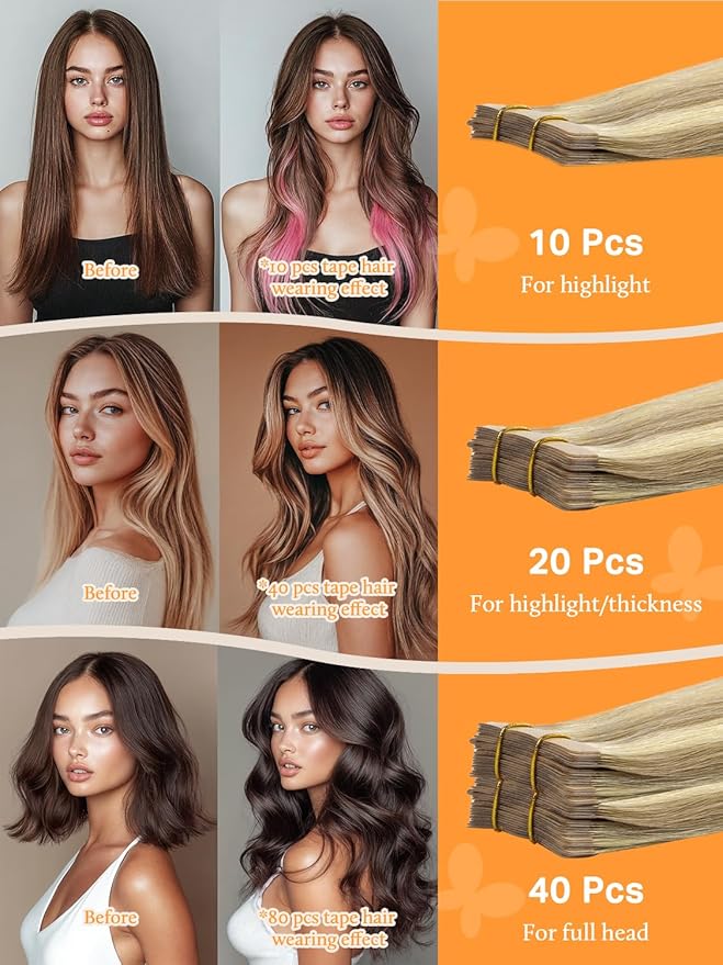 DOORES Tape in Human Hair Extensions, Light Blonde Highlighted Golden Blonde 100g 40pcs 14 Inch, Real Natural Hair Extensions Tape in Remy Hair Extensions Straight