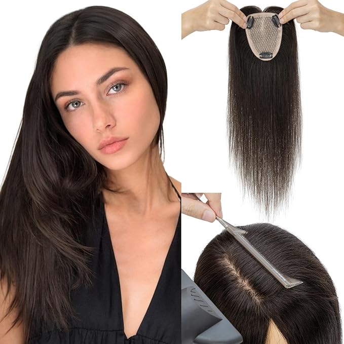 Hairro Human Hair Toppers Free Parted, 3.5x4.7" Base Hand-wovened 100% Real Hairpieces, with Invisible Clips-in for Women, for High Hairline/Adding Volume on Top, 12 Inch Light Natural Black