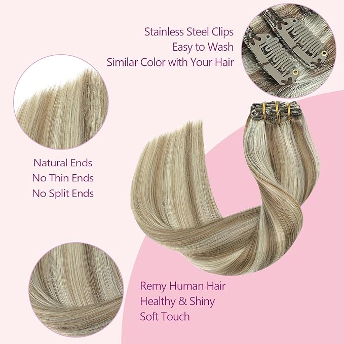 PINKPEARL Clip in Hair Extensions Straight Human Hair #8P60 Ash Brown Highlighted Platinum Blonde Clip in Extensions Remy Real Human Hair Extensions 7pcs 120g 18 Inch(#8P60-18)