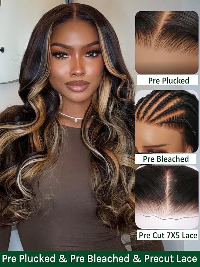 KLAIYI Ombre Highlight Blonde Loose Body Wave Bye Bye Knots Glueless Wigs Human Hair 7x5 Precut Lace Front Pre Plucked Bleached Ready to Wear Go Wig with Face Framing Curtain Bang Caramel Brown 18Inch