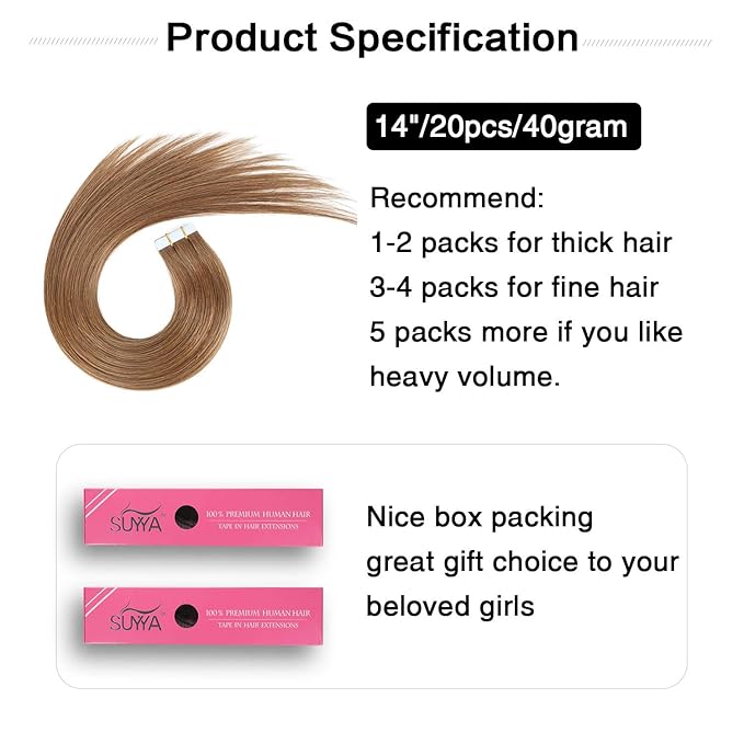 SUYYA Tape in Hair Extensions Human Hair 14 inches 40g/pack 20pcs Straight Seamless Skin Weft Tape in Remy Human Hair Extensions(14 inches #8 Light Brown)
