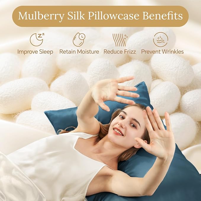 INFIIXSO Mulberry Silk Pillowcase for Hair and Skin, Silk Pillow Cases Standard Size with Hidden Zipper 20x26 Inches, Ultra Smooth and Soft Cooling Pillow Cases for Hot Sleepers(Bluesteel, 1 Pack)
