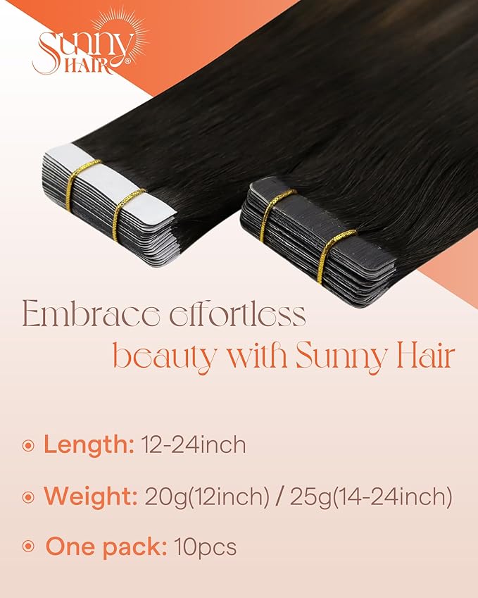 Sunny Hair Tape in Hair Extensions Real Human Hair Invisible Remy Hair Extensions Tape ins for Women Natural Black Ombre Dark Brown Balayage Ash Blonde 14 inch 25G