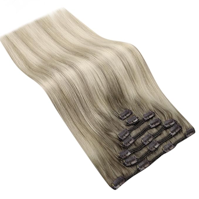 Ve Sunny Clip in Hair Extensions Balayage Remy Human Hair Clip in Extensions Full Head Ash Grey Ombre Platinum Blonde Straight Real Hair Extensions for Women 7pcs 120g 16 inch