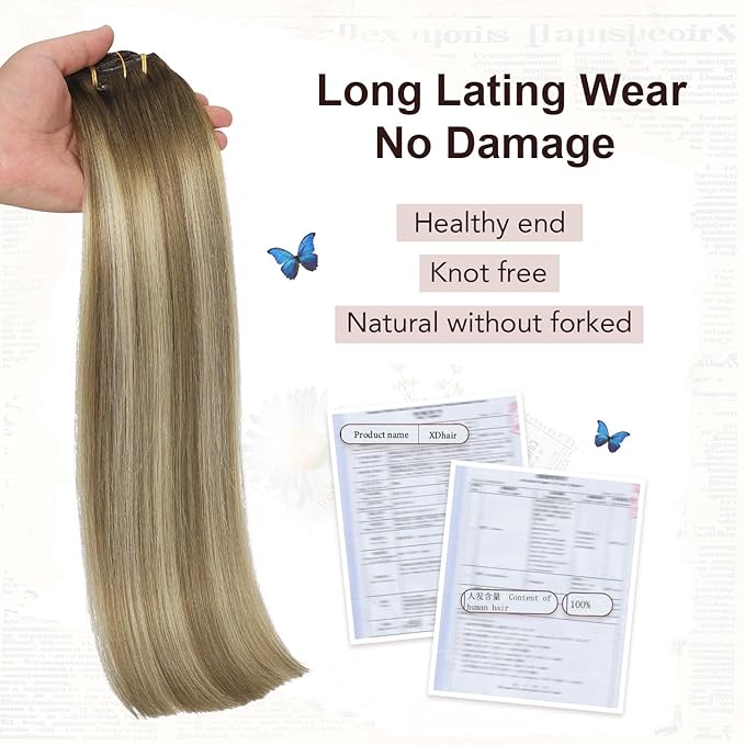 XDhair Balayage Human Hair Clip in Extensions 100g 6pcs 14 Inch Light Brown Mix Blonde Hair Extension Real Human Hair Clip ins Invisible Hair Extension(14”, 3/8/22)