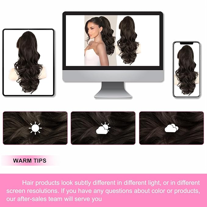 ALXNAN Ponytail Extension,18 Inch Claw Clip in Long Curly Wavy Black Brown Ponytail Hair Extension Jaw Clip on Pony Tails Hairpiece for Women