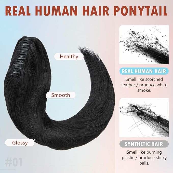 Hairro Claw Clip In Ponytail Extensions 100% Real Human Hair Long Straight Jaw/Claw Clips Pony Tail Hairpieces For Women 22 Inch 120g #01 Dark Black
