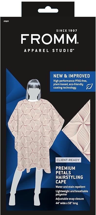 Fromm Professional Client Hair Styling and Hair Cutting Cape, Water and Stain Repellent Teflon Coating for Shampoo Bowl and Wet/Dry Cutting, 44" x 58", Petals