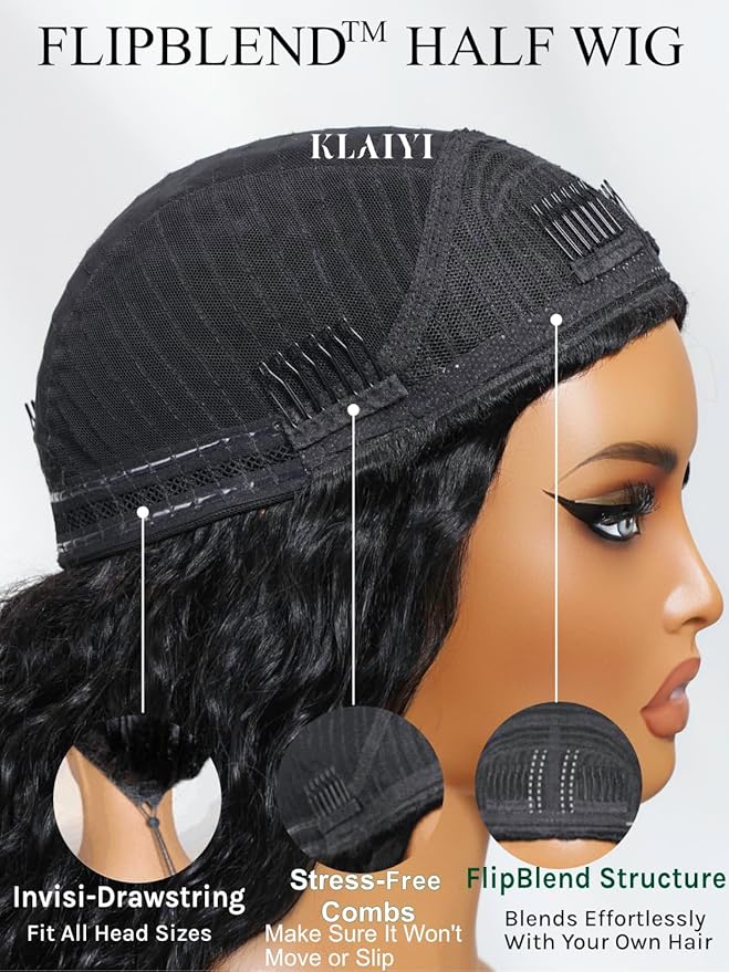 KLAIYI Water Wave 3 In 1 Flip Over 3/4 Half Wig Human Hair Curly Flip Over Seamless Blend Edges Glueless Wear and Go Drawstring Headband Clip In Wigs for Women Ready to Go Wig Beginner Friendly 26Inch