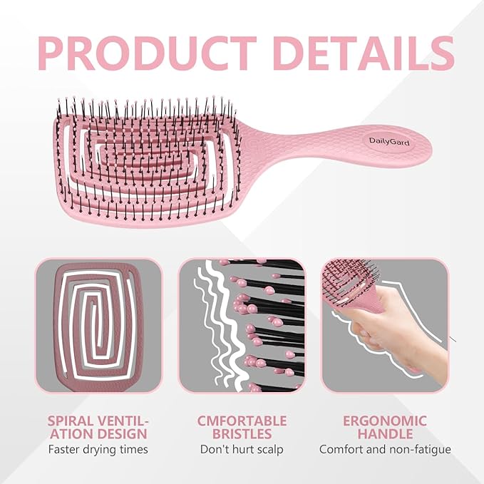 Detangling Brush, Dry and Wet Vented Detangler Hair Brush for Women and Men, Professional Paddle Curved Styling Hairbrush for Wet/Dry/Curly/Thick/Long/Damaged Hair, Pink