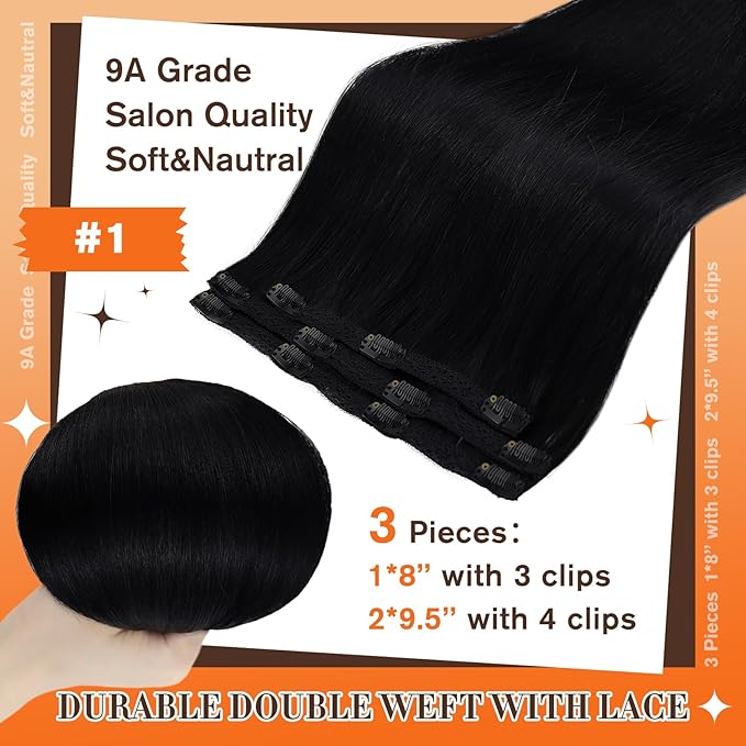 Full Shine Black Clip in Hair Extensions 16 Inch Human Hair Extensions Clip in for Women with Lace Weft Invisible Hair Add Volume Softness 3 Pcs 60 G