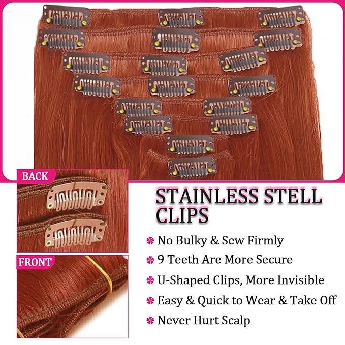 Straight Clip in Hair Extensions Human Hair Clip Ins Extensions 8Pcs 125g Double Weft Copper Hair Extensions Clip in Human Hair Full Head Invisible Extensions（#350 24Inch）