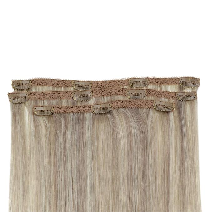 RUNATURE Clip in Hair Extensions Real Human Hair, Blonde Hair Extensions Clip Ins, Remy Human Hair Clip in Extensions, Add Hair volume, 14 Inch 50g 3pcs #19P60 Grey Blonde Highlight Platinum Blonde