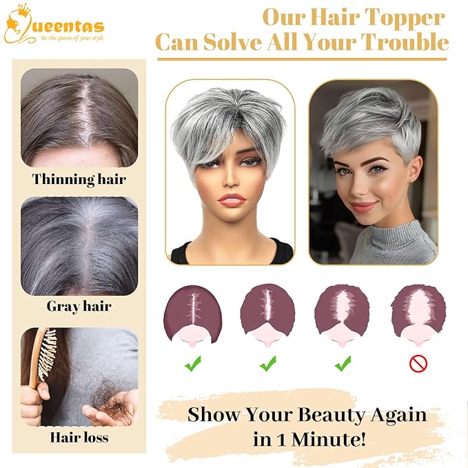 QUEENTAS Short Hair Topper for Women with Thinning Hair Daily Wear 360°3D Cover Up 6.5"*6" Fluffy Hair Pieces with Bangs(Black Mixed Grey)
