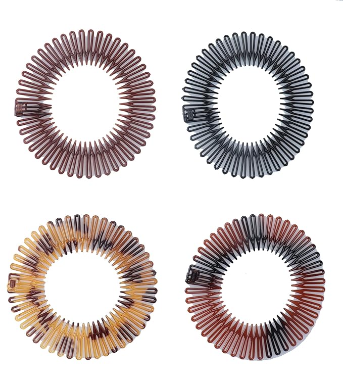Sowaka 4 Pcs Circular Stretch Comb Plastic Black Brown Circle Spring Headband Flexible Hair Wrap Holder Hair Comb for Women Girls Outgoing Sports Hair Accessories (Round - Multi Color)