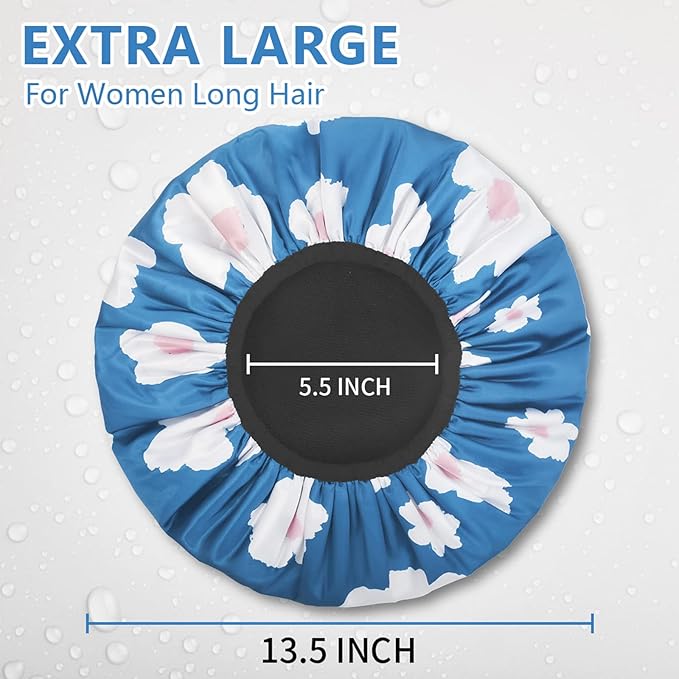 Aquior Shower Cap,Terry Lined Shower Cap for Women Reusable, Triple Layer Waterproof Bath Cap, Extra Large for Women Long Hair