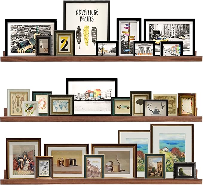 AZSKY 48 Inch Long Floating Shelves Wall Mounted Light Walnut Narrow Photo Picture Ledge Shelves Set of 3 Nursery Book Shelves Photo Frames Display Shelves Kitchen Spice Rack