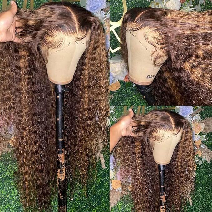 bangjazz 28 Inch Deep Wave Lace Front Wigs Human Hair 180% Density Highlight Ombre 13x4 Lace Frontal Wigs Human Hair HD Lace P4/27 Wigs for Black Women Human Hair Pre Plucked Curly Lace Front Wig