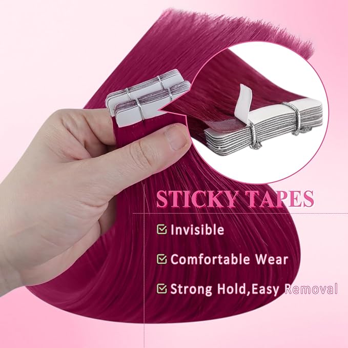 YoungSee Human Hair Tape in Extensions Magenta Tape in Hair Extensions Red 14 Inch Tape-Ins Human Hair Extension Real Human Hair Colorful 10pcs 25g For Diy Glam Look
