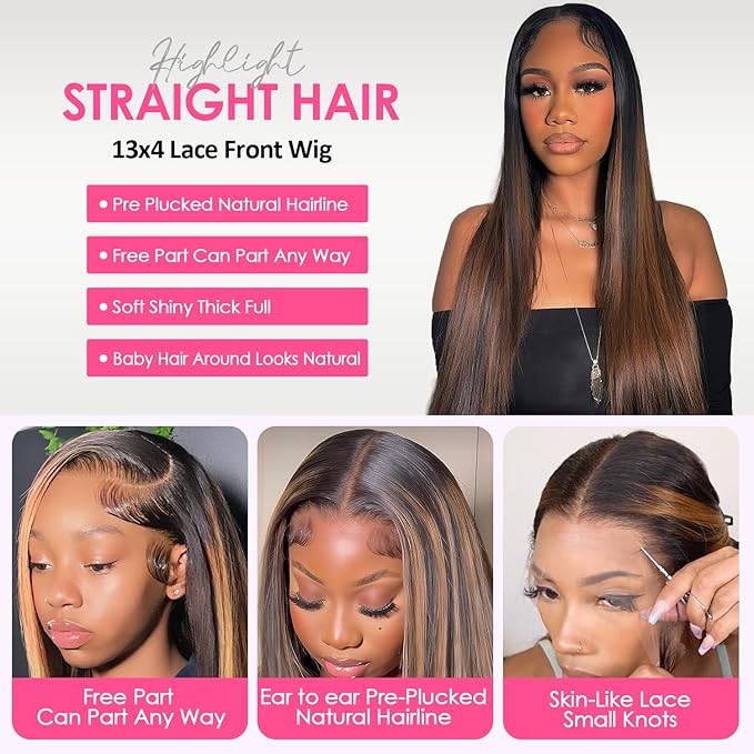 Highlight Wig Human Hair Straight Lace Front Wigs Human Hair Pre Plucked 13x4 Ombre Lace Front Wig Human Hair for Women 1B/30 Black with Brown Balayage Glueless Wigs Human Hair 200% Density 22 Inch