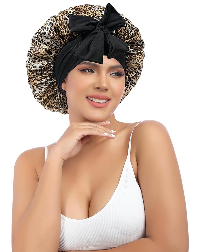 AWAYTR Silk Bonnet for Sleeping Women 100% Mulberry Silk Bonnet with Band 2 Layer Reversible Hair Bonnet Sleeping Hair Wrap (Leopard/Black)