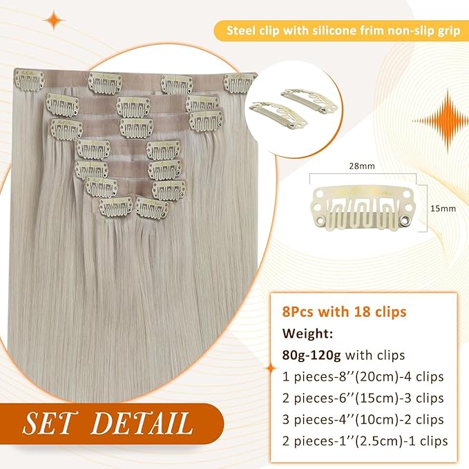 Full Shine Clip in Hair Extensions Real Human Hair Blonde Seamless Hair Extensions Clip in Ice Blonde Invisible Hair Extension for Short 12 Inch 8 PCS 95 G