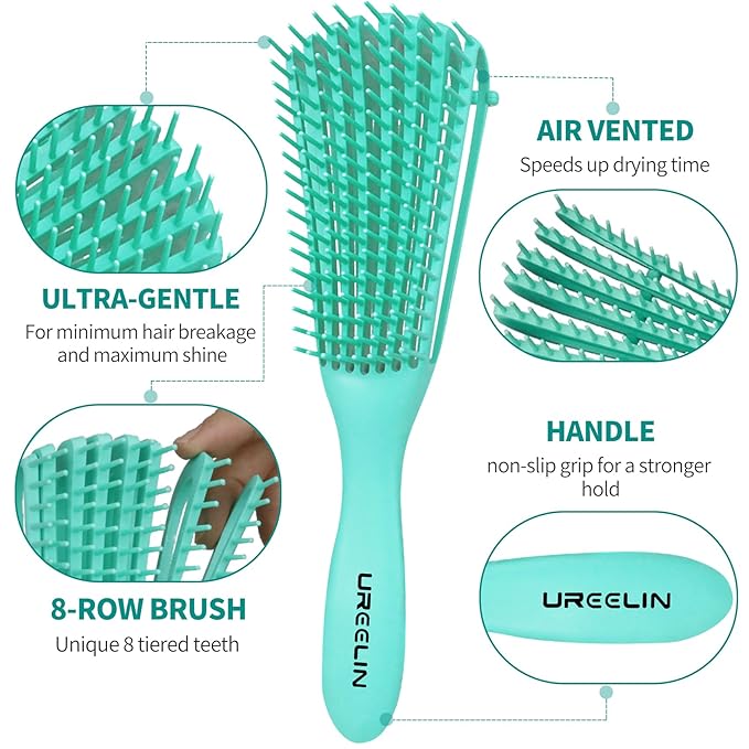 hair Brush Set for Afro America/African Hair, Textured 3a to 4c -Detangler Brush,9 row hair brush,Wide Tooth Comb,Rat Tail Comb (Green)