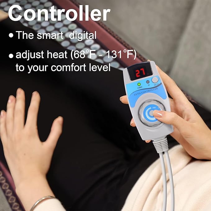 Natural Blue Jade Heating Pad, Infrared Heating Pad, Far Infrared Heating Pads with Travel Bag and Chair Strap, Smart Controller with Memory Function, Auto Shut Off (Brown, 38 in x 24 in)